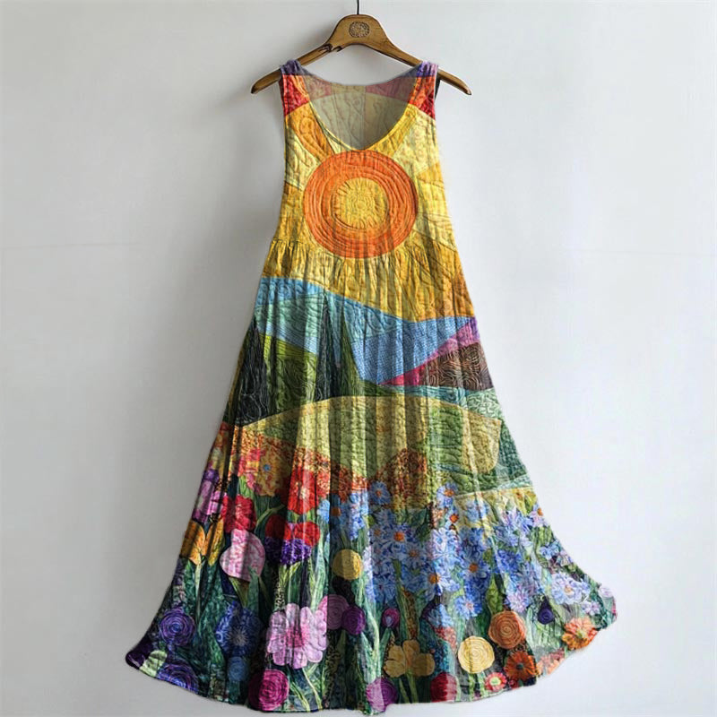 Women's Colorful Sun Collage Art Print Crew Neck Sleeveless Cotton Poc