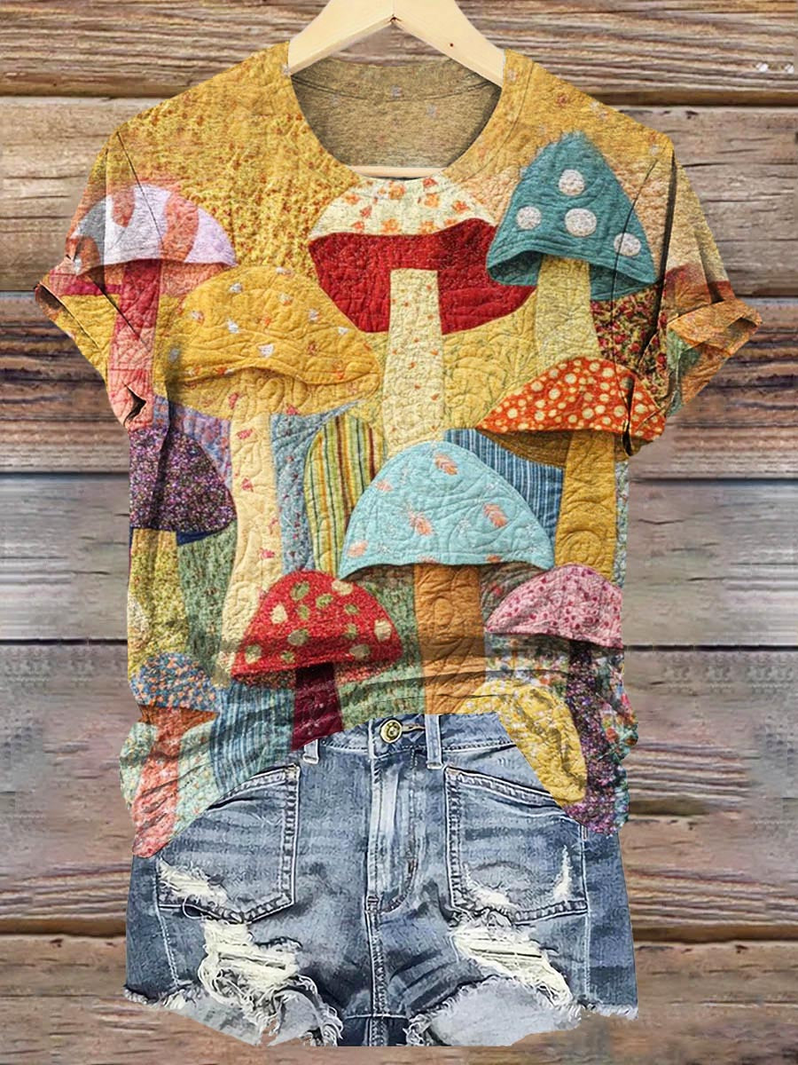 Women's Hippie Mushroom Patchwork Art Print Crew Neck T-shirt