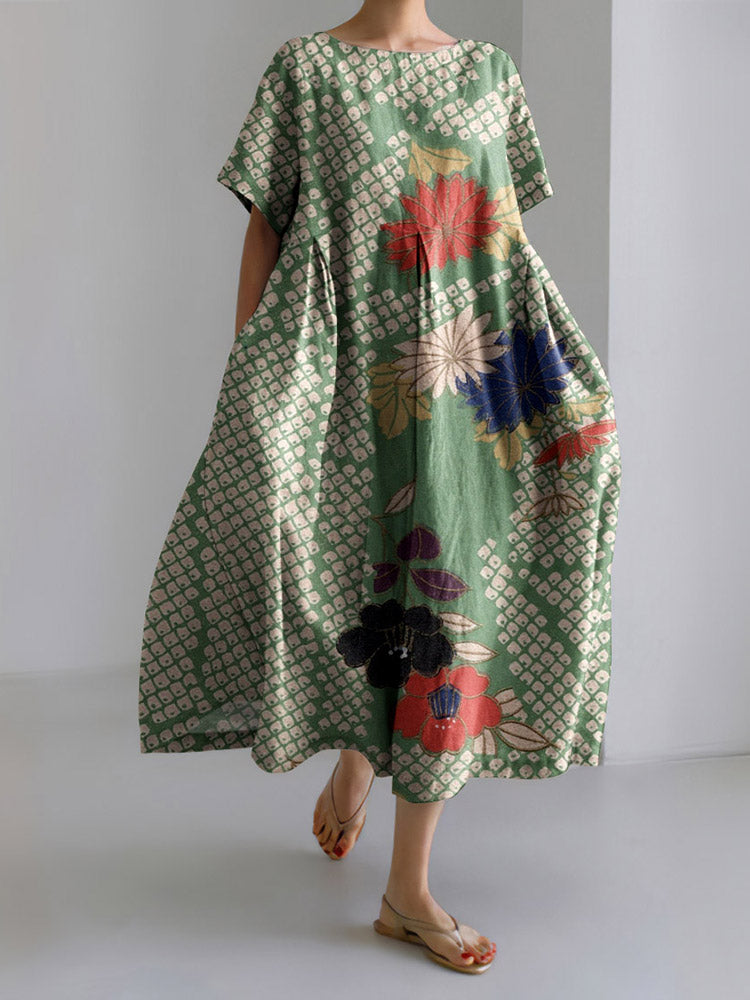 Vintage Japanese Art Floral Print Short Sleeved Loose Midi Dress