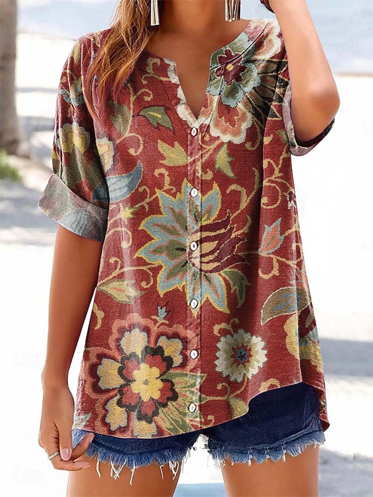 Women's Vintage Floral Pattern Art Print Casual Cotton Linen Shirt