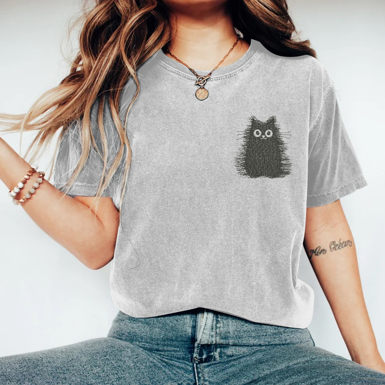 Vintage Embroidered Cat Art T-Shirt elevenforest