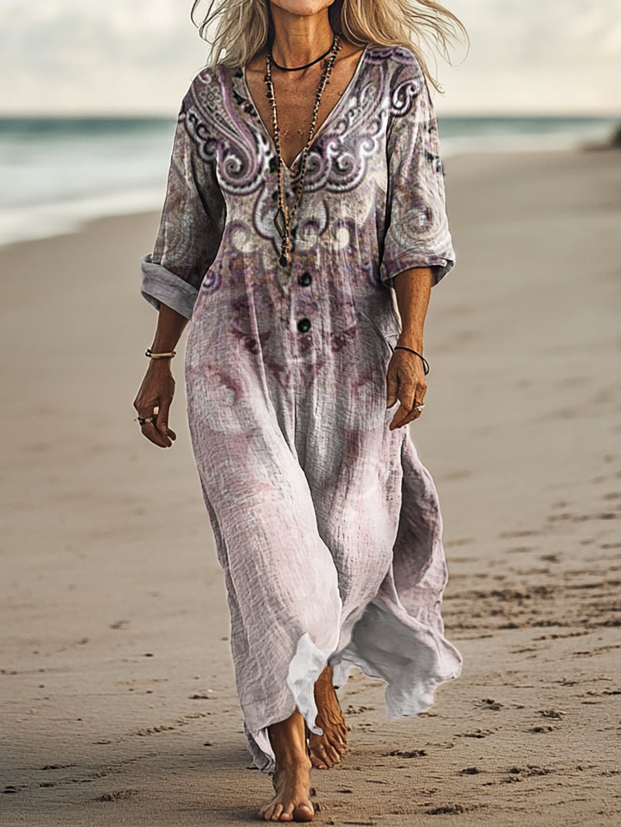 Women's Vintage Ethnic Floral Art Print Pocket Cotton Dress