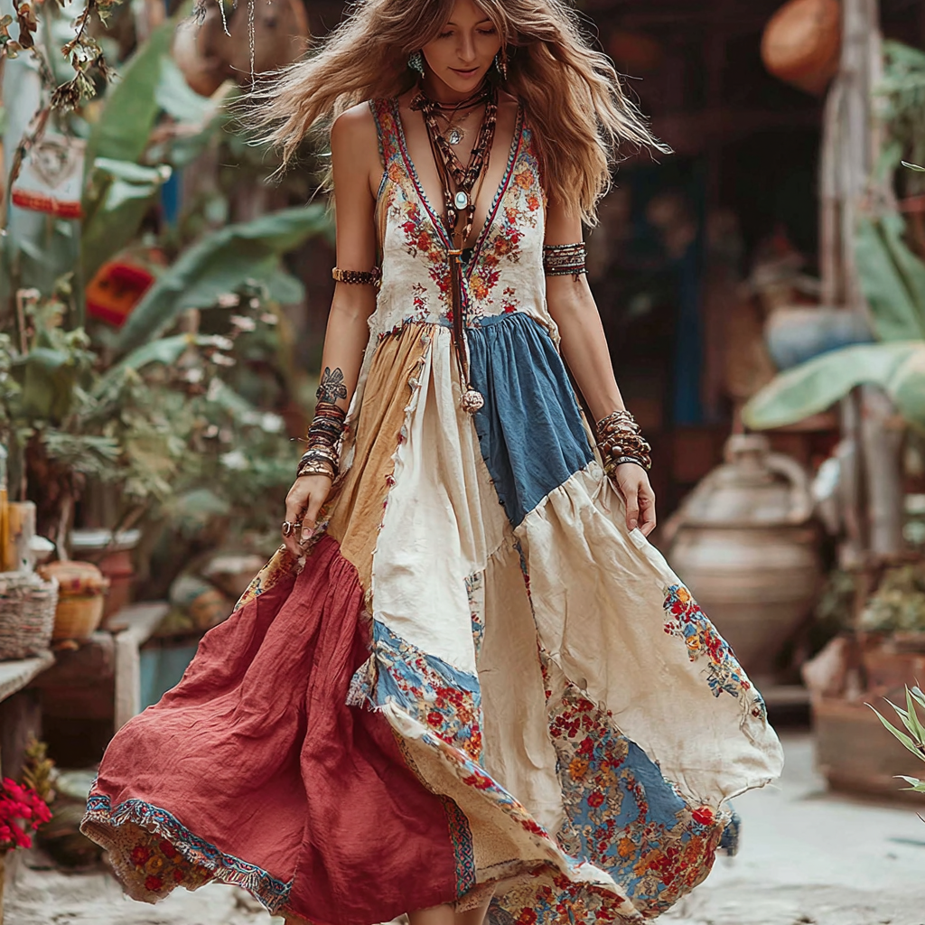 Women's Vintage Floral Patchwork V-neck Dress artswardrobe