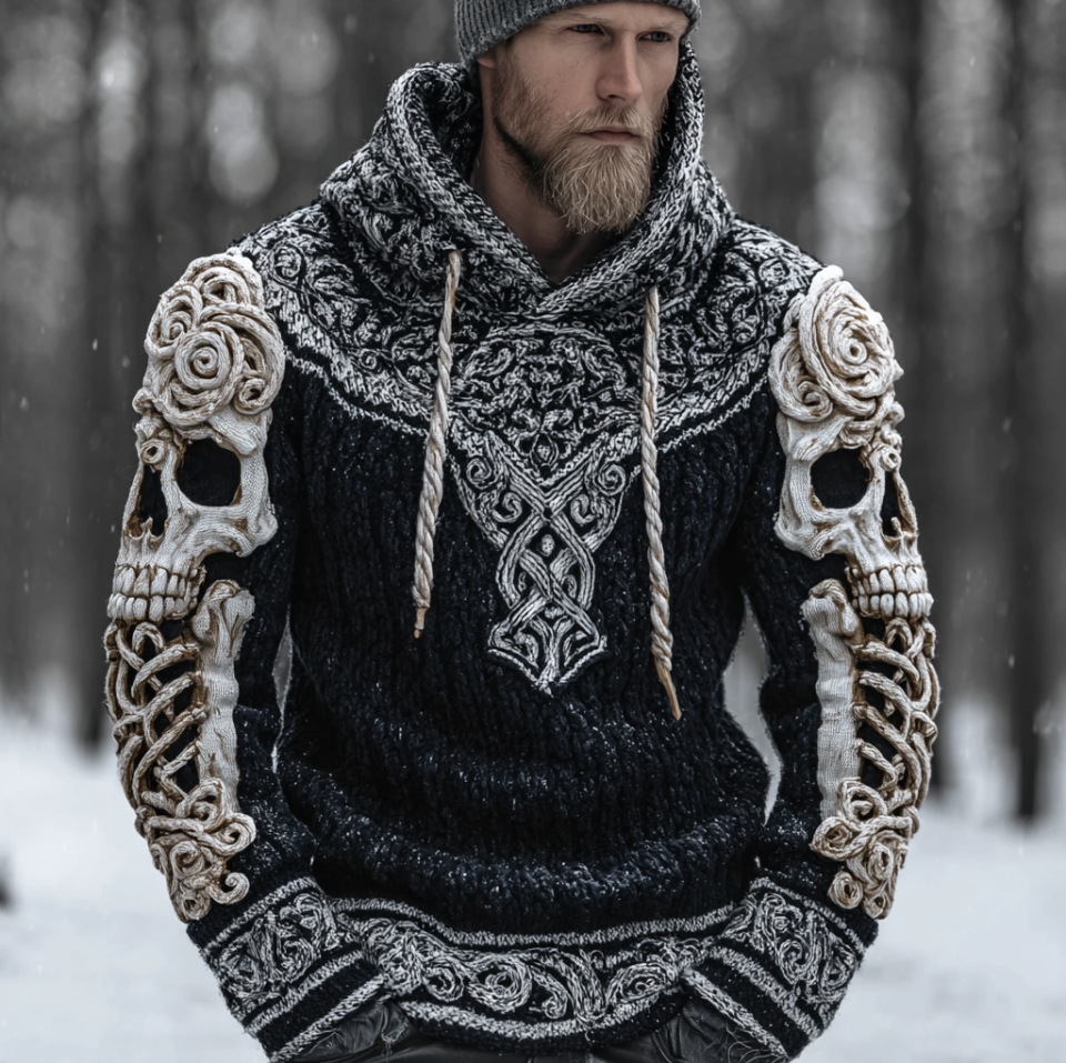 Halloween Skeleton Pattern Viking Style Men's Hooded Knit Thick Sweater artswardrobe