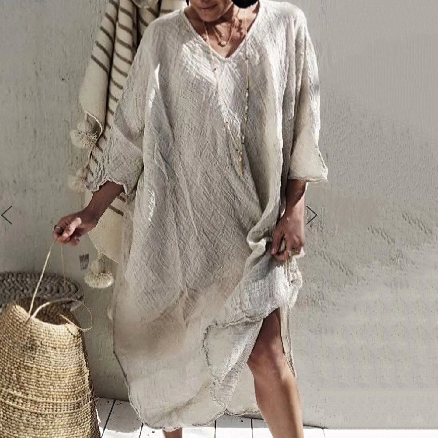 Vintage V Neck Cotton Linen Maxi Dress artswardrobe