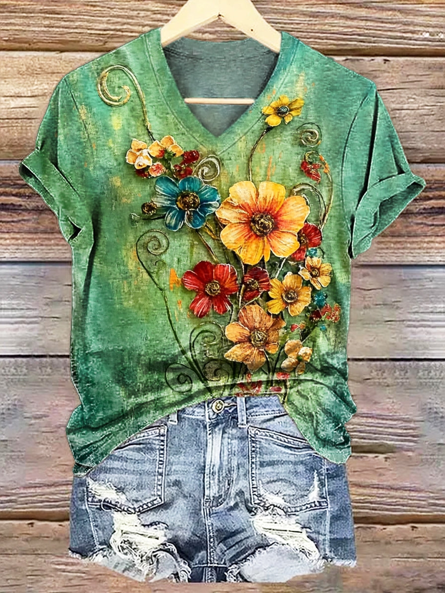 Women's Retro Nostalgic Folk Floral Art Print Casual V-neck Cotton T-s