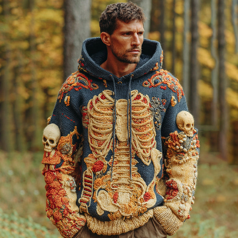 Men's Halloween Human Organ Skull Art Casual Knit Hooded Sweater artswardrobe