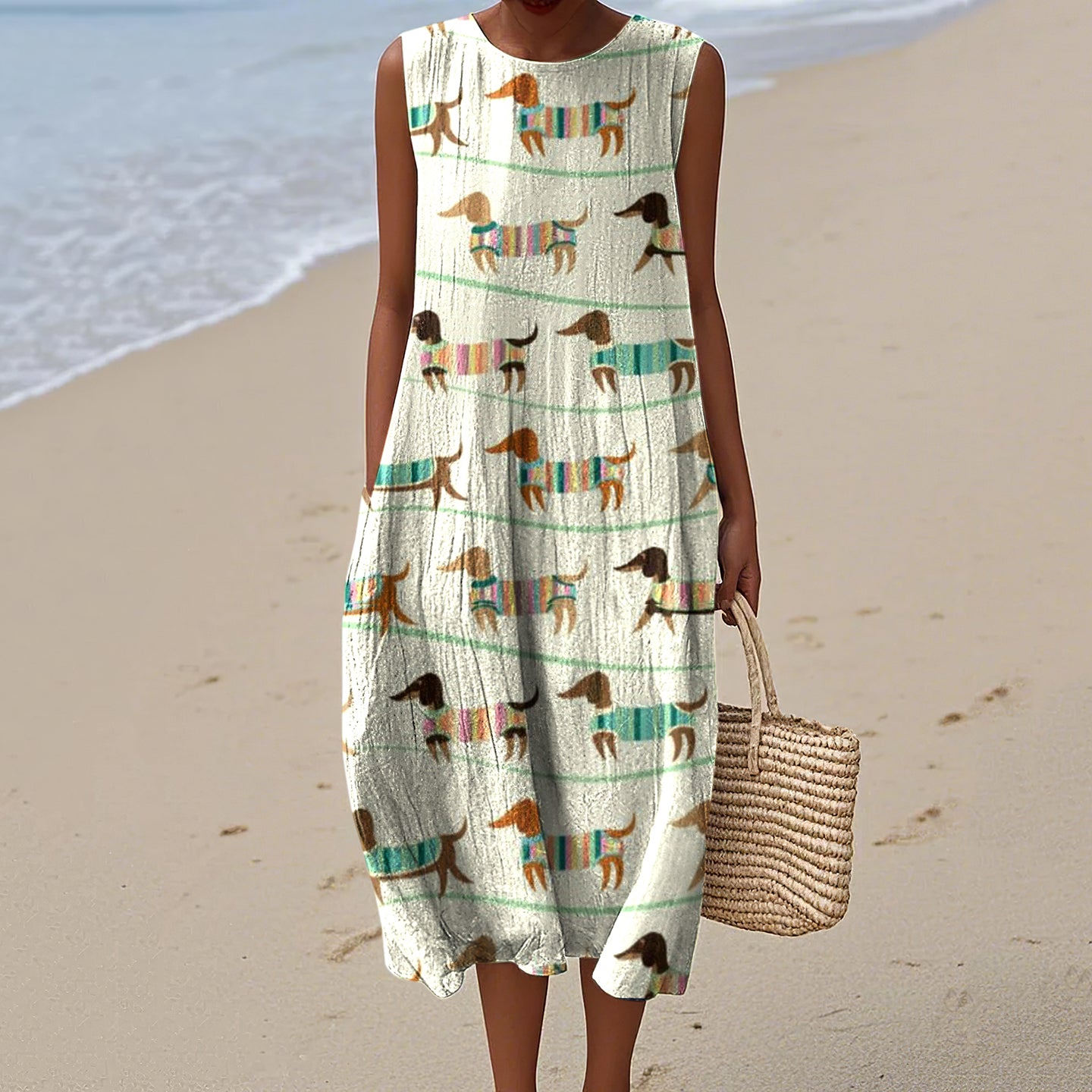 Comstylish Women's Retro Cute Dachshund Art Print Sleeveless Dress