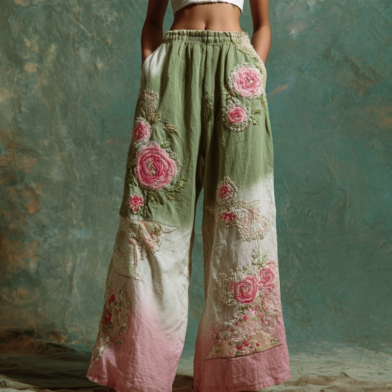 Vintage Pink Roses Embroidered Gradient Linen Pants artswardrobe