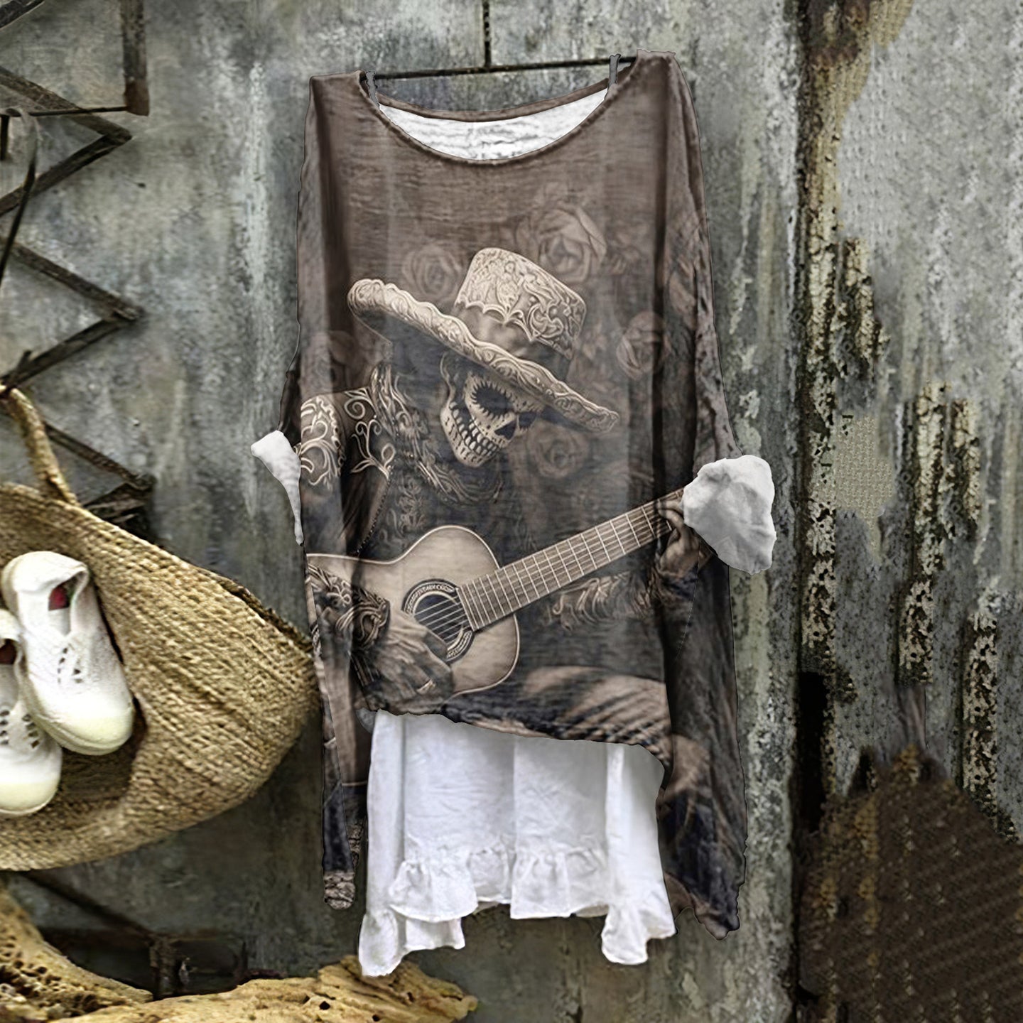 Comstylish Halloween Vintage Guitar Skull Print Round Neck Loose Blouse