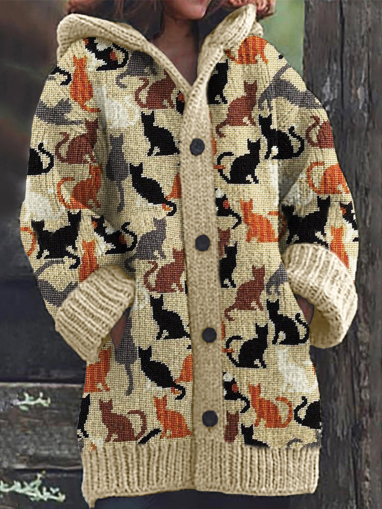 Colorful Cats Knit Art Cozy Hooded Cardigan elevenforest