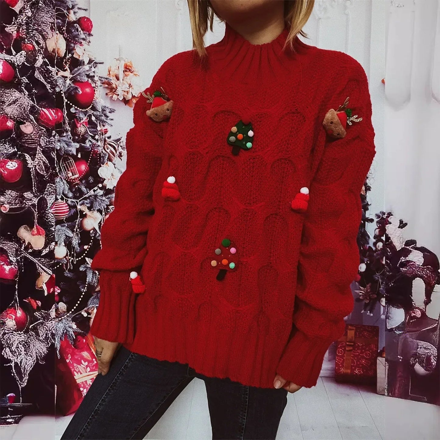 Monica® | Women's Christmas character patchwork turtleneck sweater
