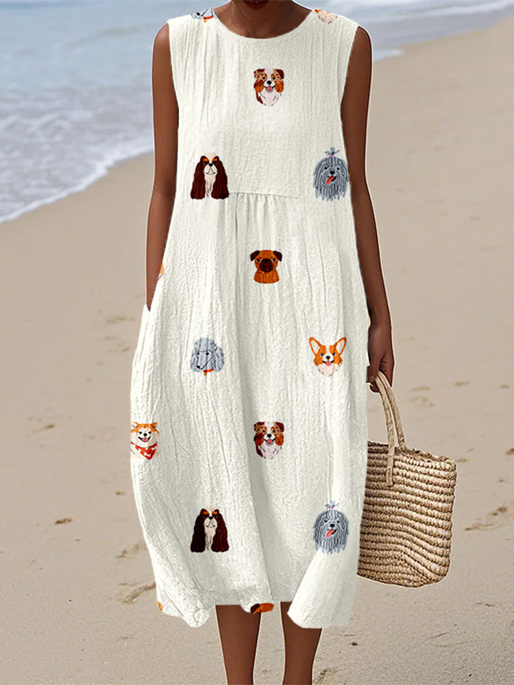 Comstylish Cute Puppy Print Cozy Linen Tank Dress