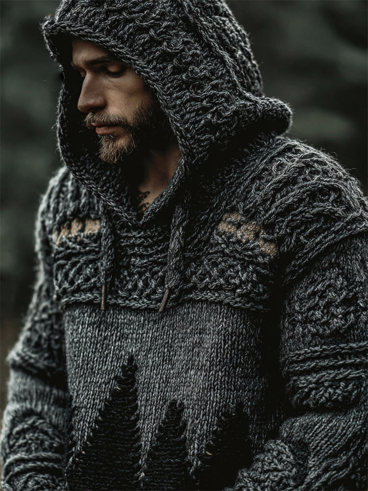 Men's Vintage Dark Forest Silhouette Cozy Chunky Hooded Sweater artswardrobe