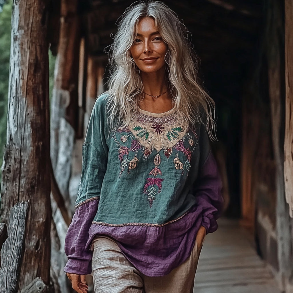Bohemian Embroidered Floral Contrast Crew Neck Linen Blend Blouse artswardrobe