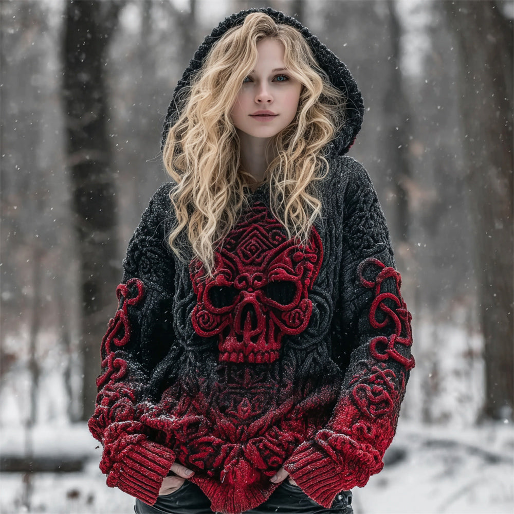 Halloween Skull Gothic Women's Hooded Chunky Knit Sweater elevenforest