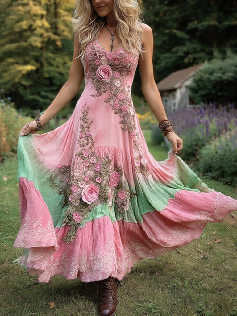 Vintage Gradient Pink Roses And Floral Cancer Awareness Embroidered Linen Maxi Dress artswardrobe