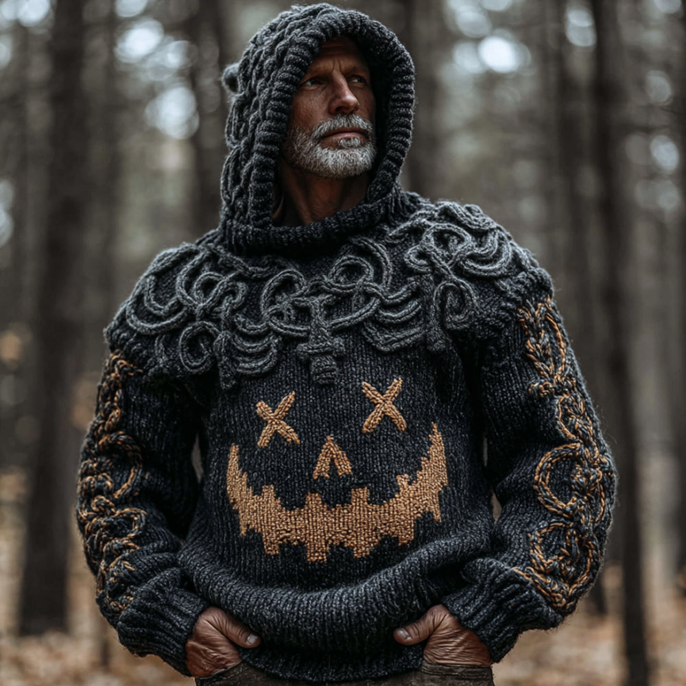 Men's Halloween Pumpkin Smiley Face Vintage Embroidery Hooded Sweater elevenforest