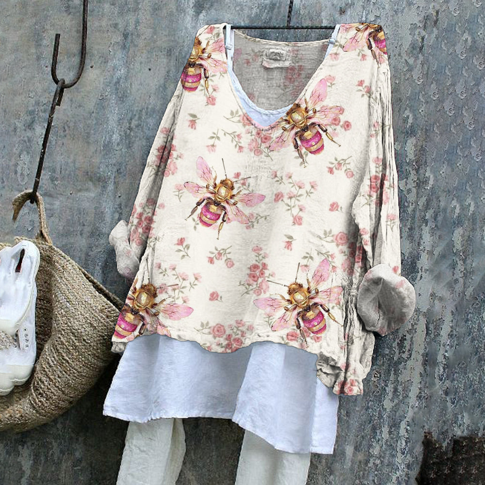 Bee Element Vintage Floral Women's Linen Shirt artswardrobe