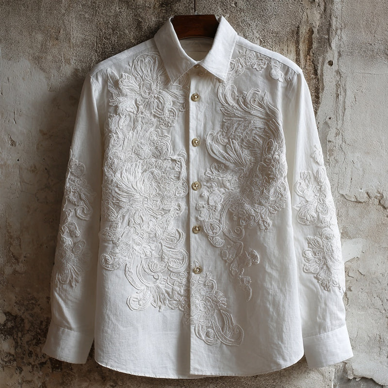 Men's Floral Lace Embroidered Cozy Linen Blouse artswardrobe