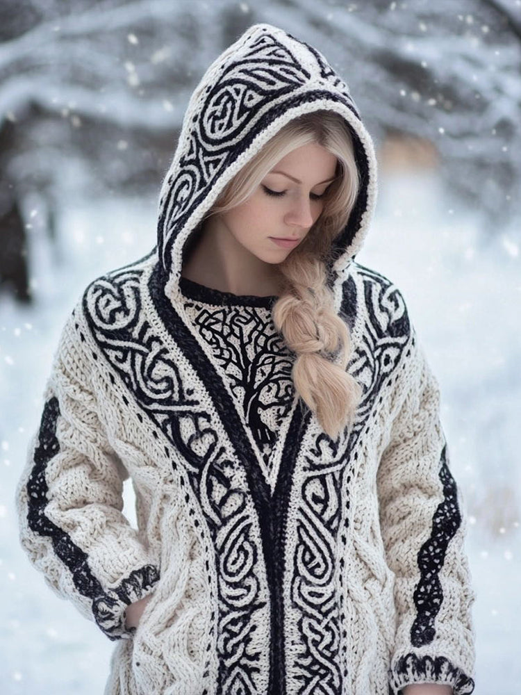 Women's Viking Inspired Celtic Knot Jacquard Knit Hooded Cardigan artswardrobe