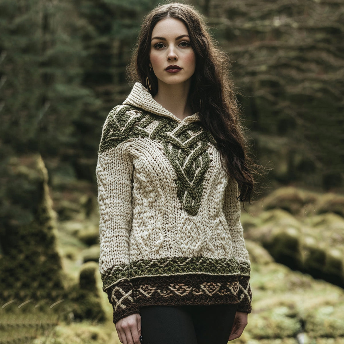 Women's Celtic Knot Jacquard Contrast Hooded Sweater artswardrobe