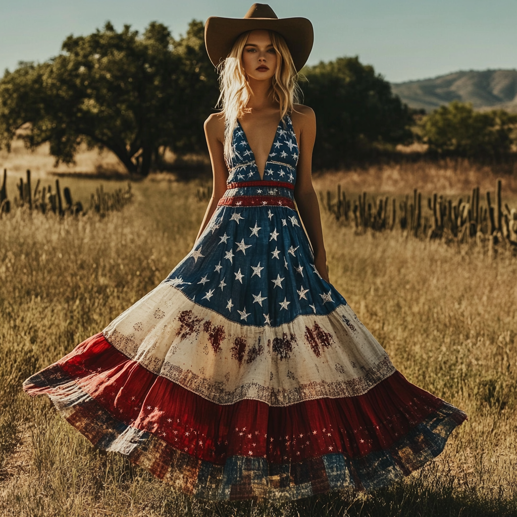 Women's Vintage Independence Day Flag Floral Patch Dress artswardrobe