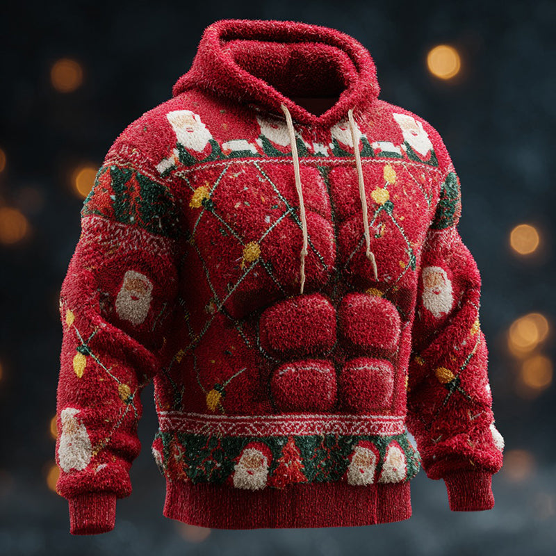Comstylish Men's Retro Santa Claus And Geometric Pattern Fuzzy Hoodie