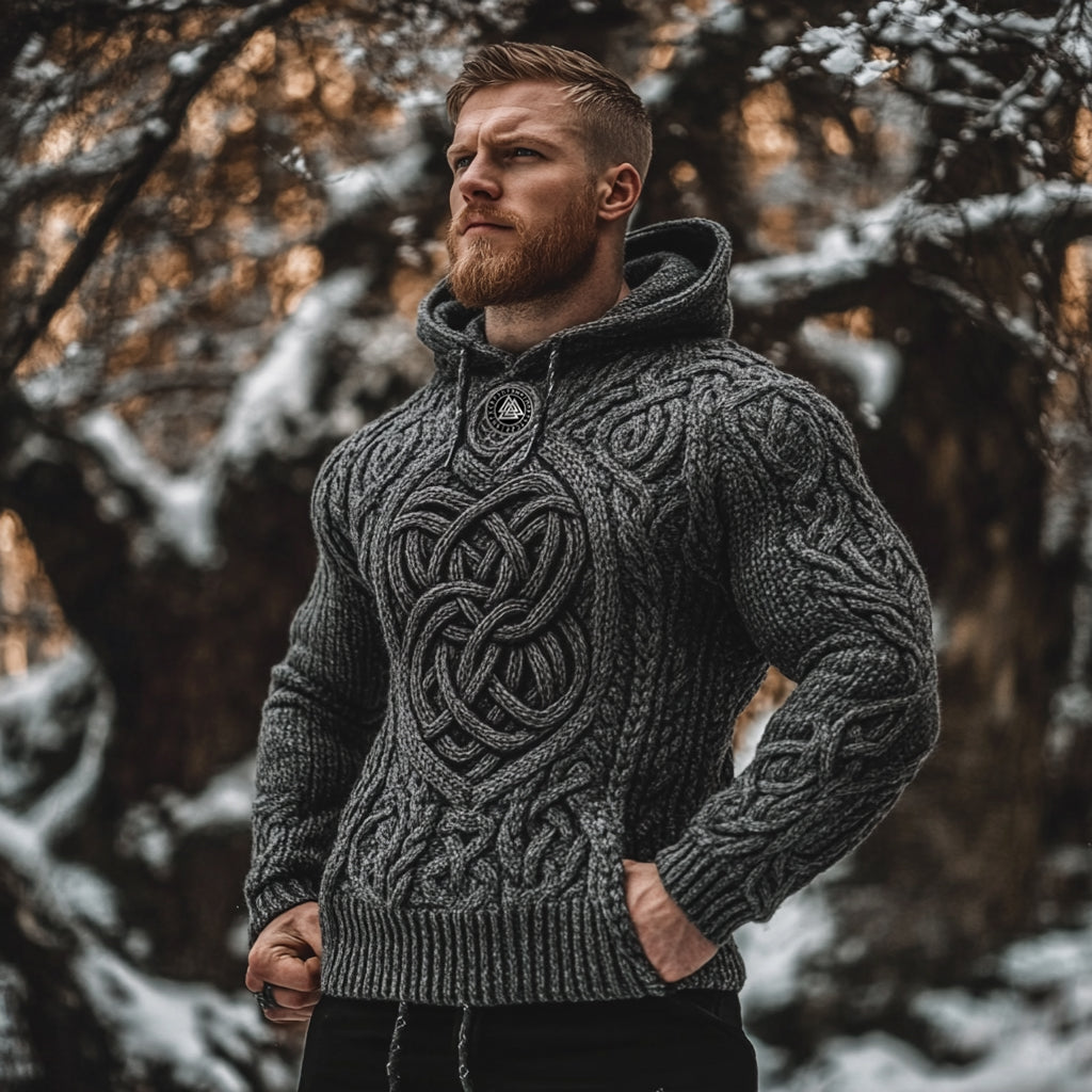 Men's Viking Style Celtic Knot Jacquard Knit Hooded Sweater elevenforest