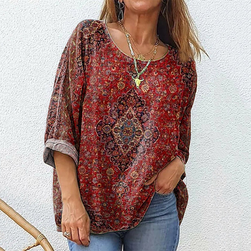 Women's Retro Ethnic Totem Art Printed Casual Cotton And Linen Shirt artswardrobe