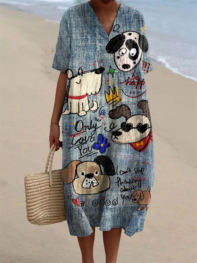 Comstylish Cute Dog Art Vintage Print Linen Casual Dress