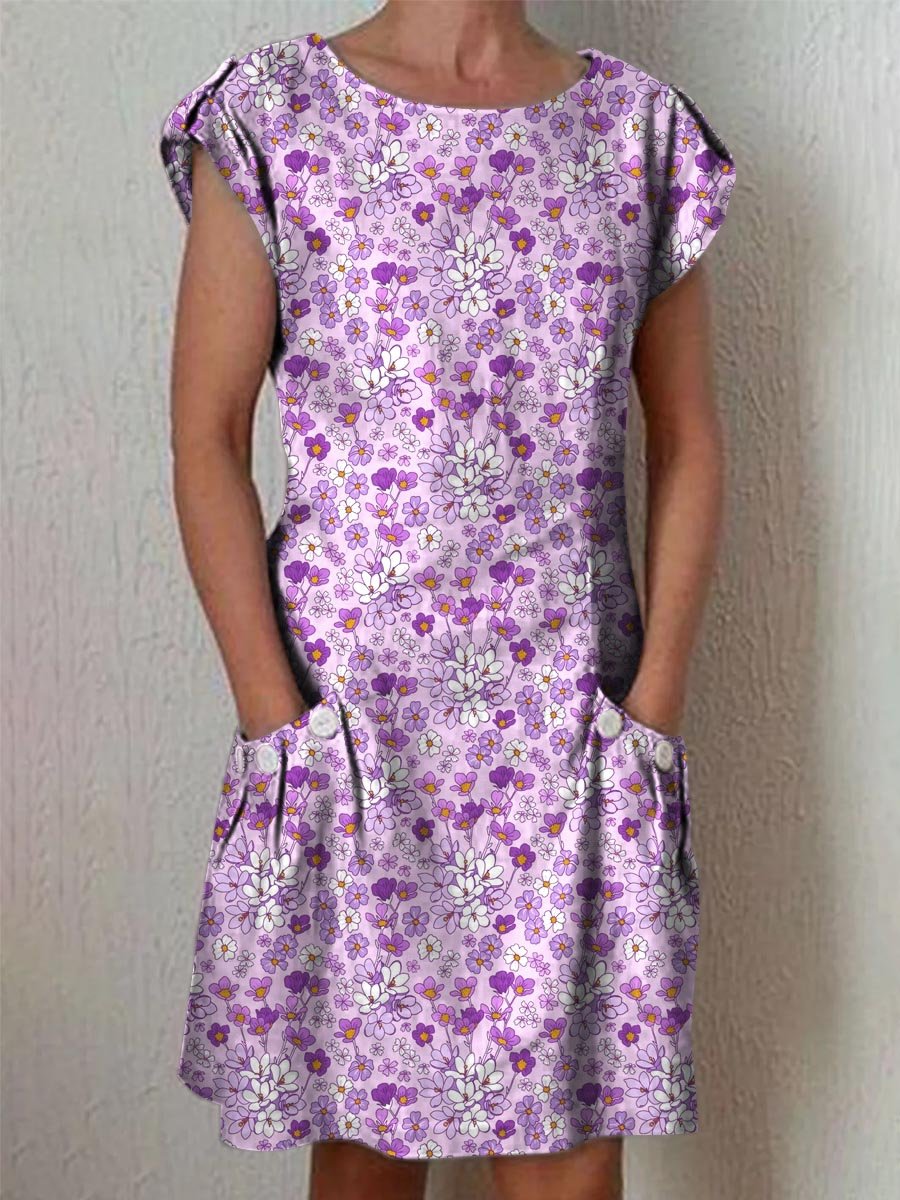 Women's Elegant Rose Floral Pattern Cotton And Linen Dress With Pockets