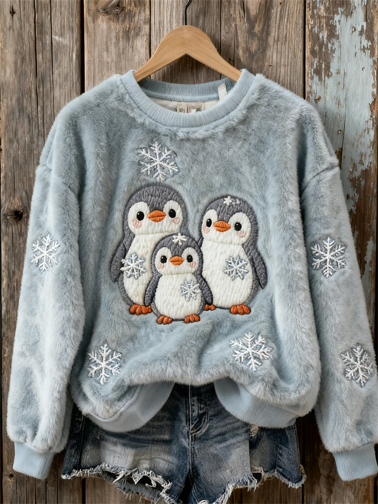 Comstylish Lovely Penguins & Snowflakes Embroidered Cozy Plush Sweatshirt
