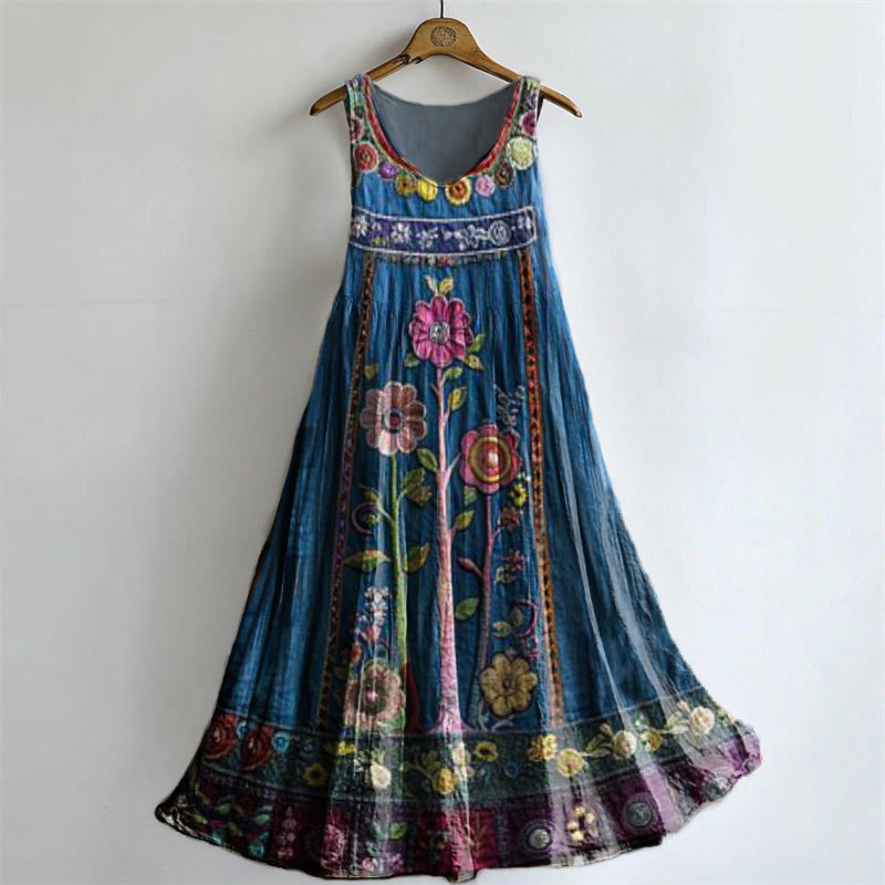 Women's Vintage Floral Pattern Art Print Round Neck Sleeveless Cotton