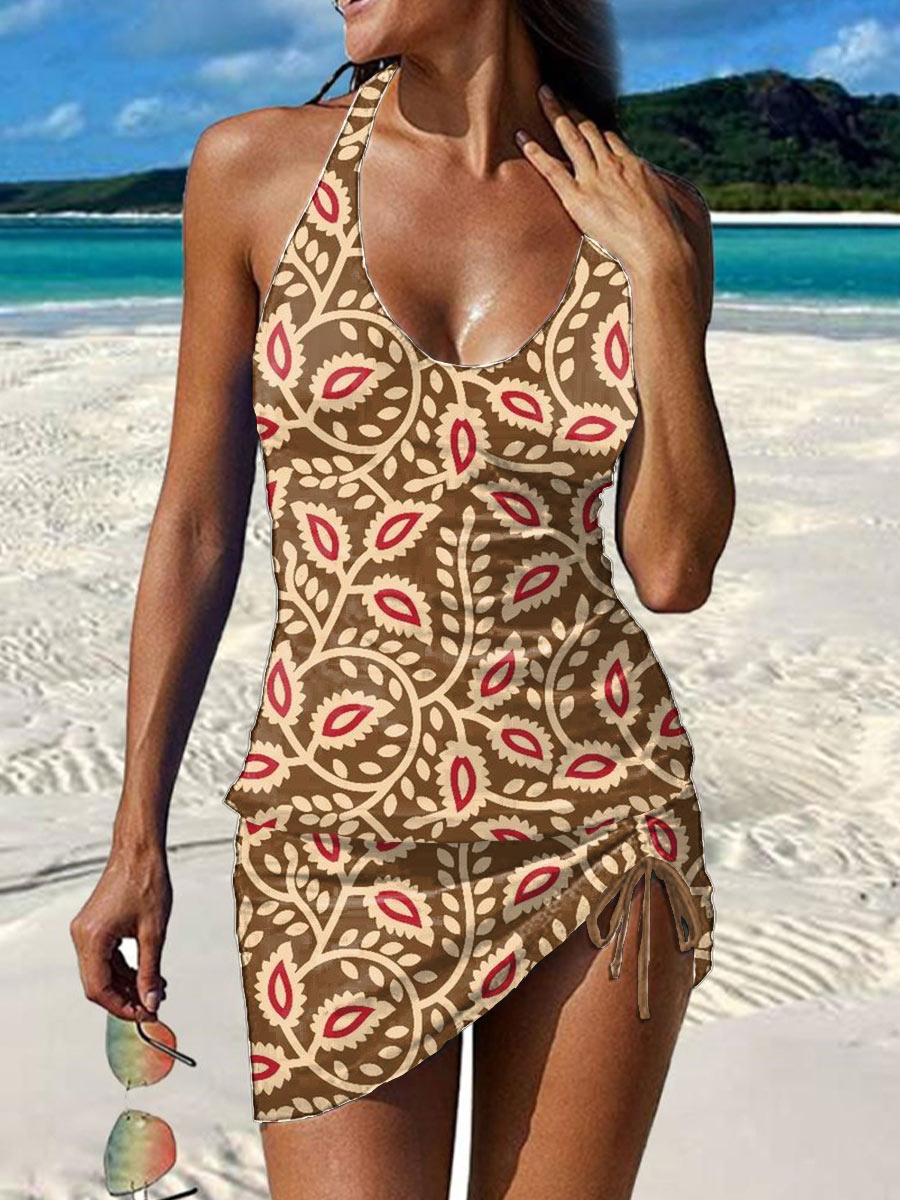 Women's Vintage Floral Art Print Pleated Drawstring V-neck Tankini Pantskirt Set Swimsuit