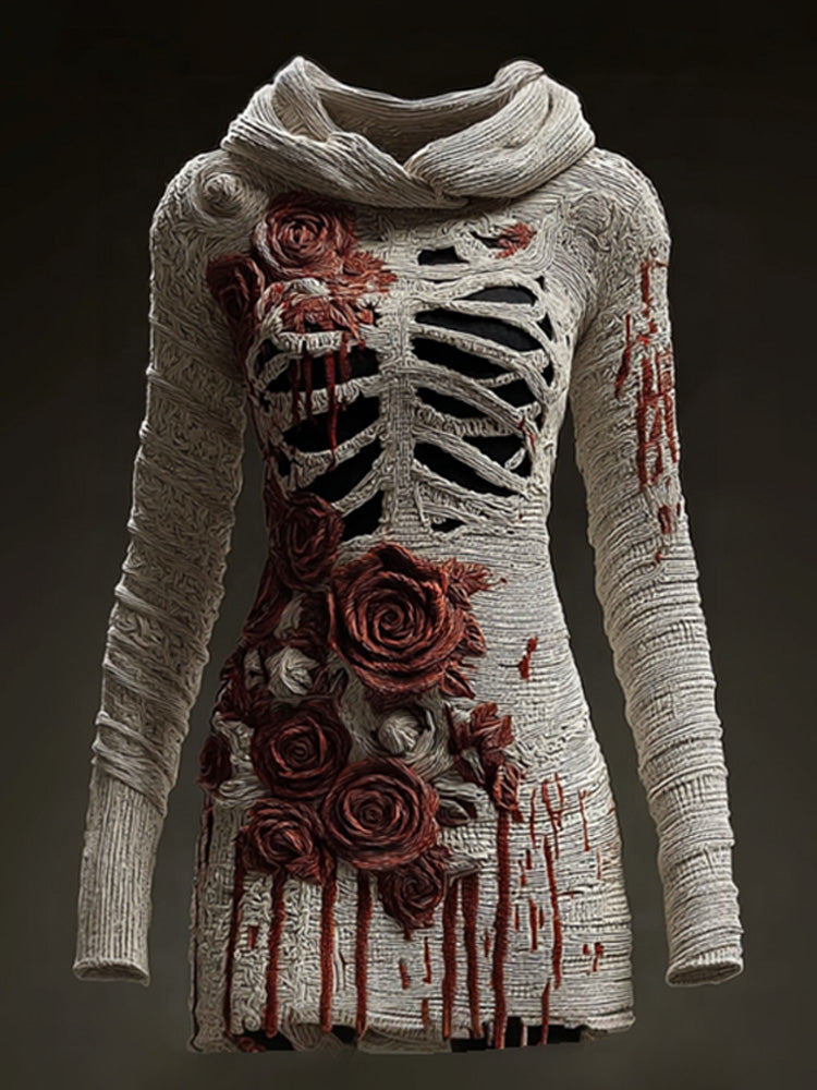 Halloween Skull Floral Knitted Warm Hooded Sweater artswardrobe
