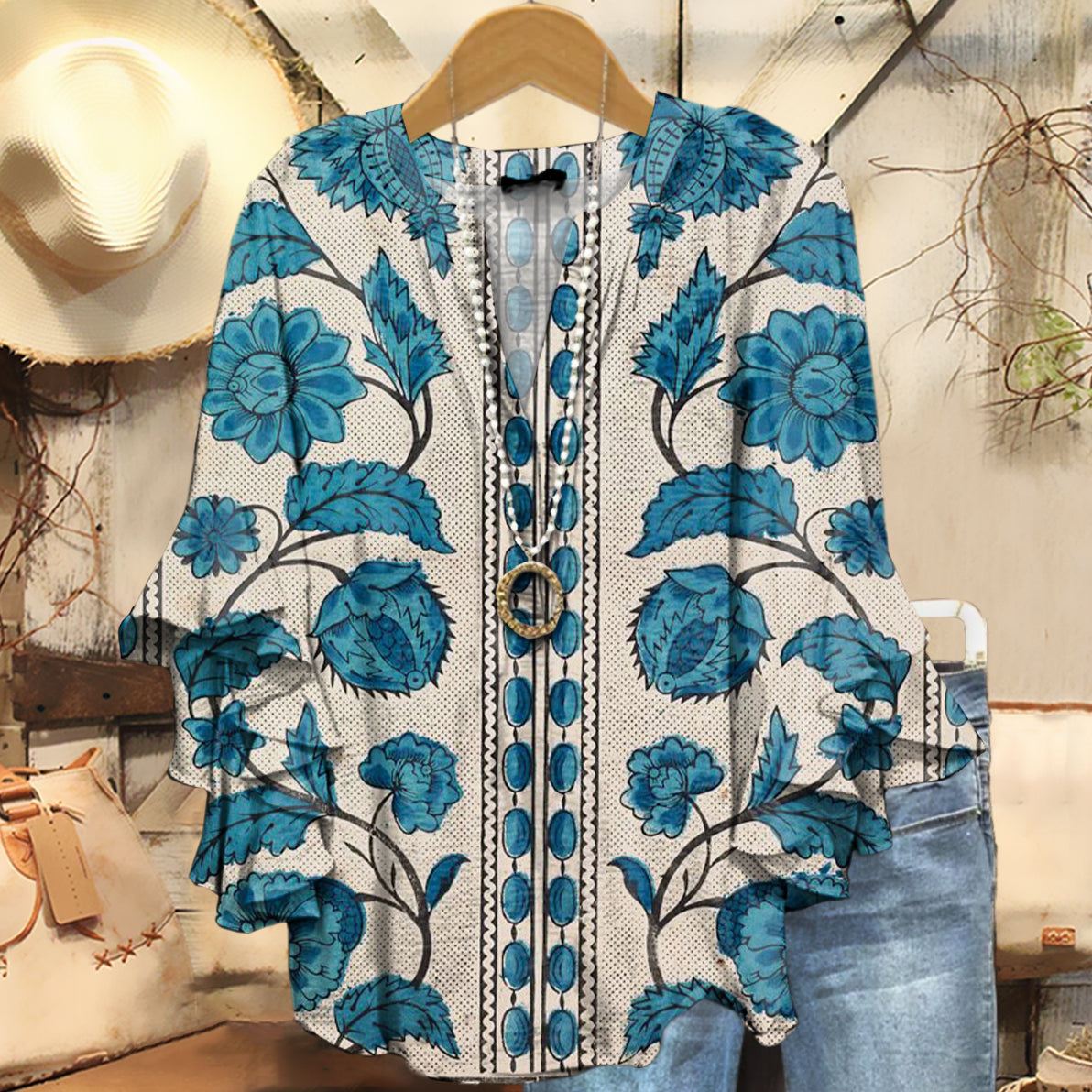 Women's Vintage Ethnic Floral Art Print Casual Cotton And Linen Shirt