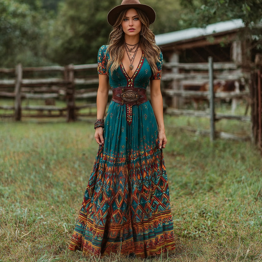 Women's Vintage Western Geometric Print V-neck Short Sleeve Maxi Dress artswardrobe