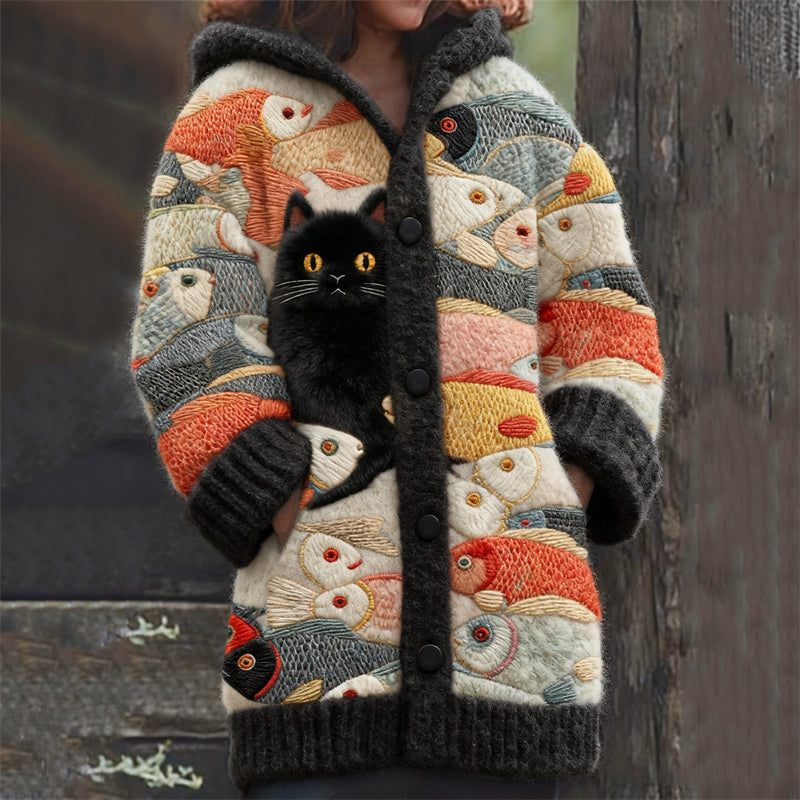 Comstylish Black Cat & Colorful Fish Japanese Art Cozy Hooded Cardigan