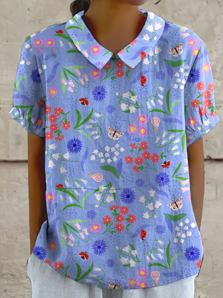 Women's Retro Botanical Floral Print Casual Lapel Shirt artswardrobe