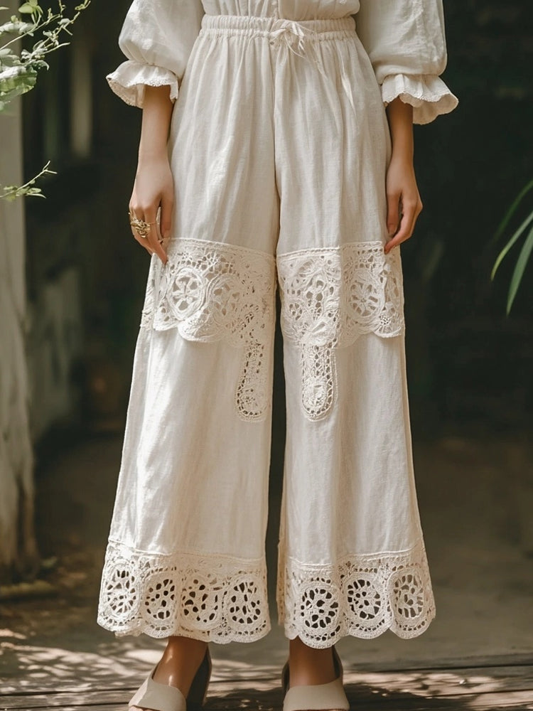 Vintage Hollow Floral Lace Patchwork Comfy Linen Pants artswardrobe