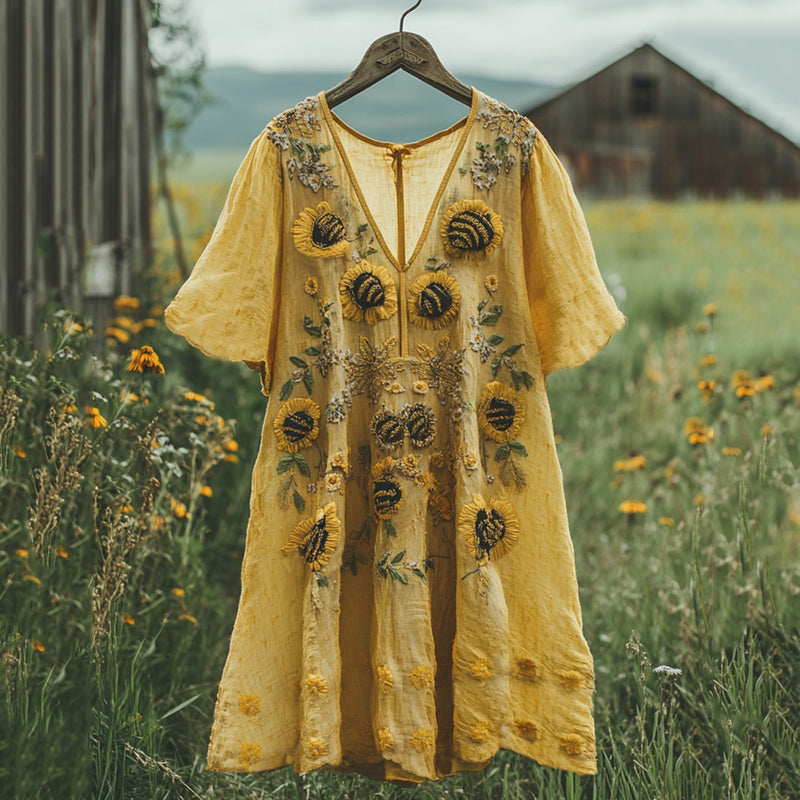 Vintage Sunflower Floral Print Art Linen Midi Dress artswardrobe