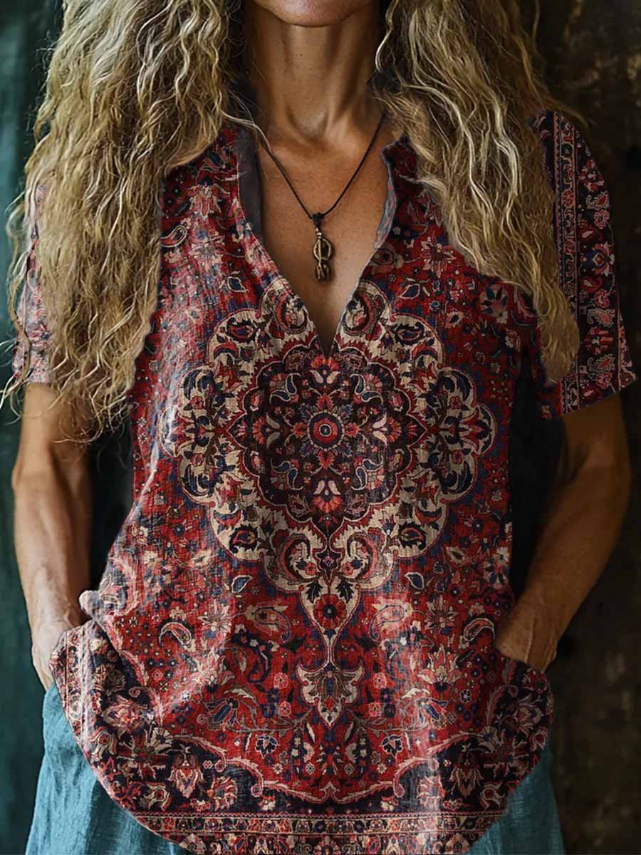 Women's Vintage Ethnic Style Tattoo Pattern Art Print Casual Short Sle