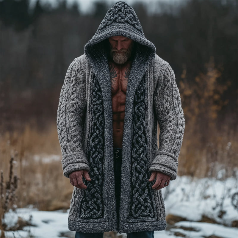 Men's Viking Celtic Knot Contrast Chunky Cozy Hooded Long Cardigan artswardrobe