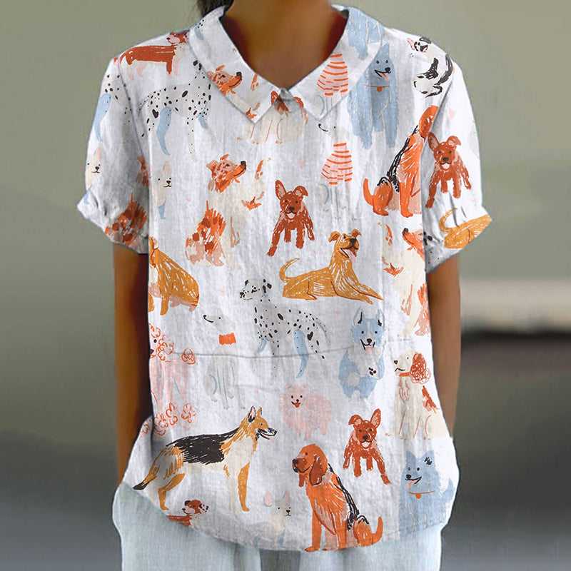 Comstylish Dog Print Lapel Short Sleeve Casual Blouse
