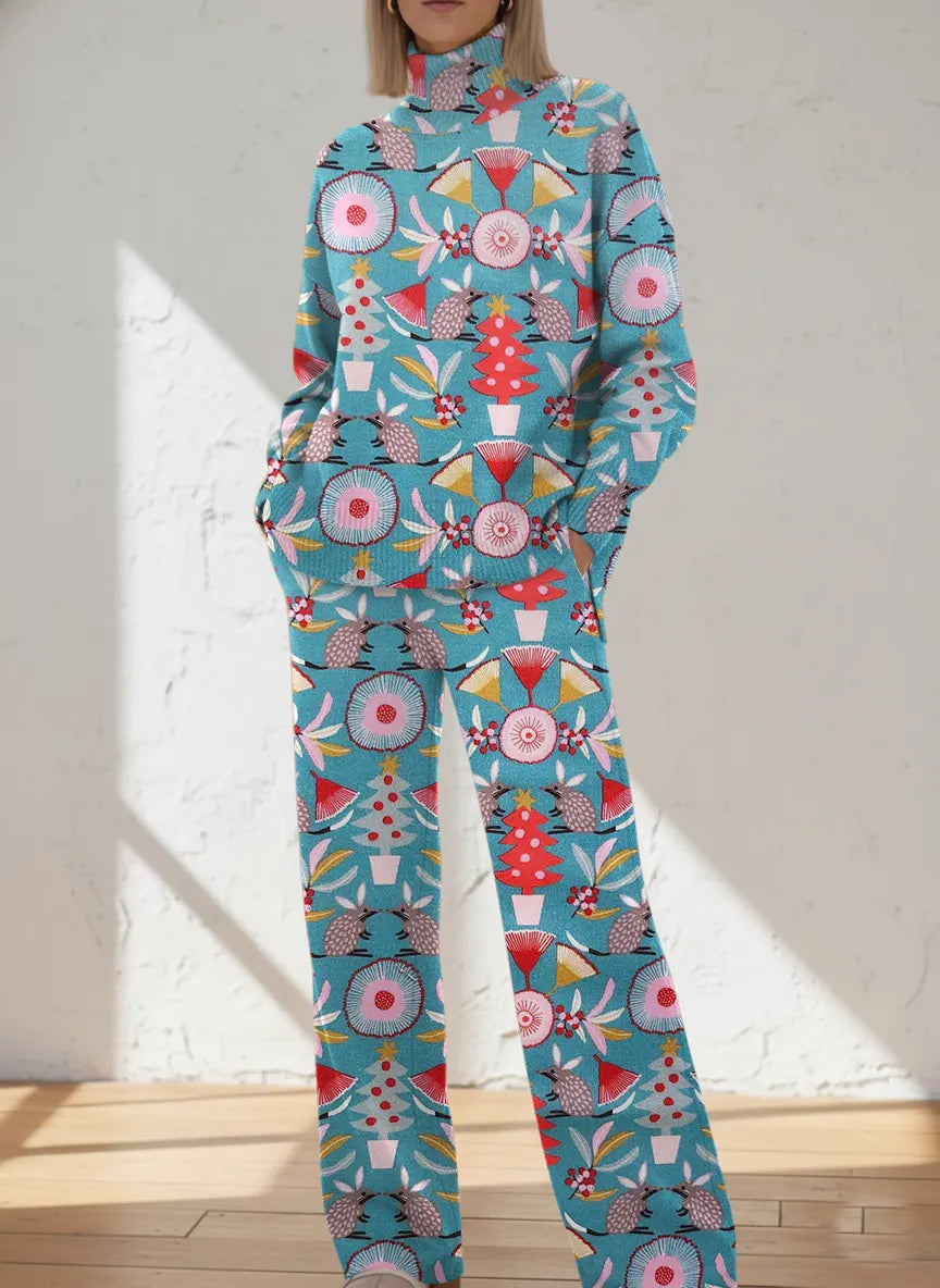 Women's Retro Flower Art Print Casual Knit Set