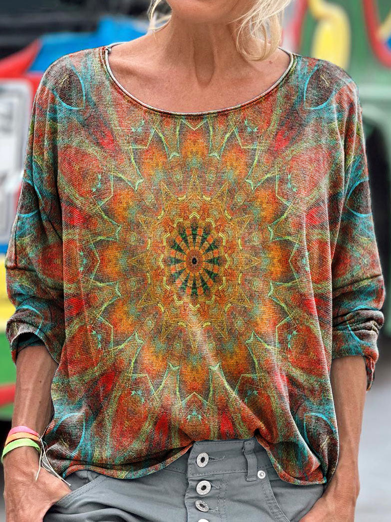 Retro Kaleidoscope Pattern Women's Art Print Casual Long Sleeve T-shir