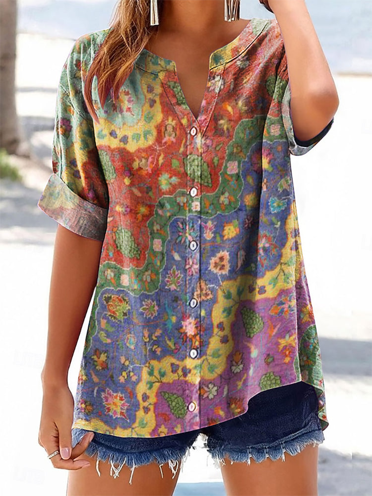 Women's Boho Floral Wave Collage Art Print Casual Cotton And Linen Shi