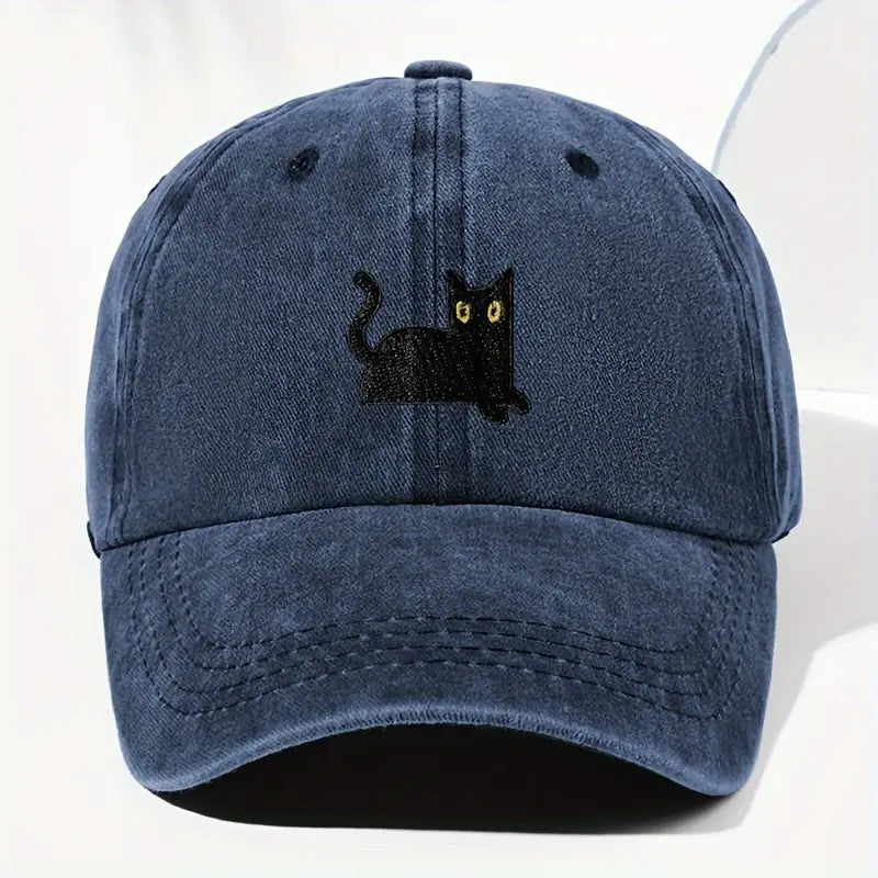 Japanese Art Cute Black Cat Washed Sun Hat elevenforest