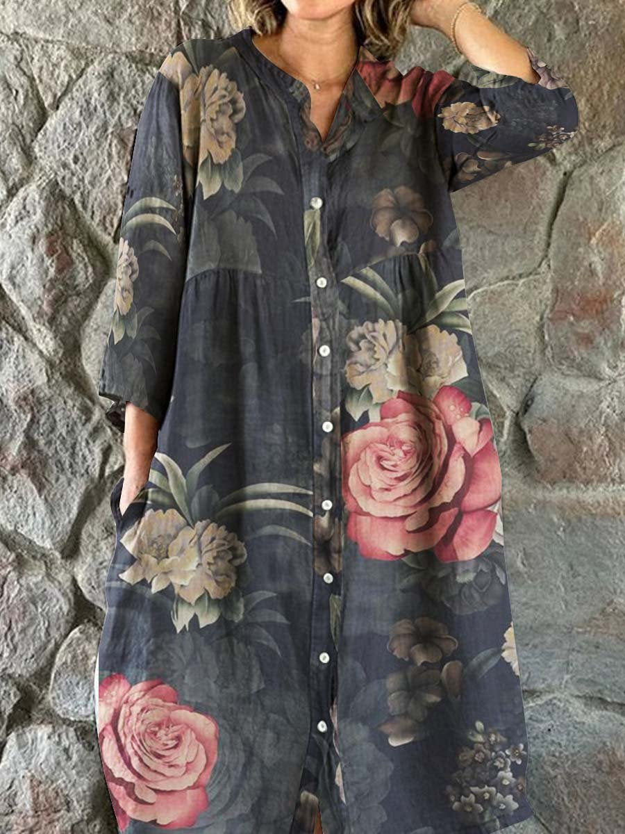 Women's Elegant Retro Rose Print Shirt Style Cotton and Linen Dress